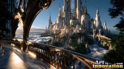 A carved stone balcony gives a view of white towers in the clouds