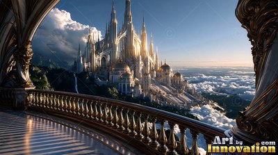 Curved gold railing on an open balcony facing a spired palace above thick white clouds