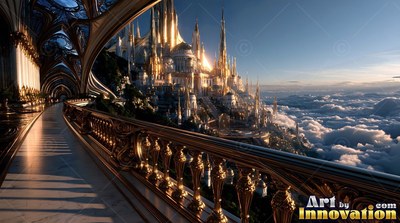 A curved balcony overlooks golden spires rising through clouds in bright morning light