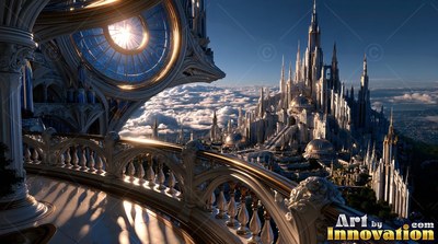 Looking out from a curved stone balcony over a pale palace city