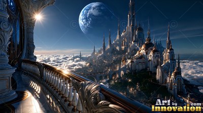 A cut stone balcony looks over a castle over clouds under a giant blue moon