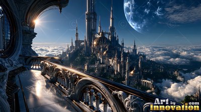 On a high marble balcony, tall castle spires rise above thick white clouds below a blue moon