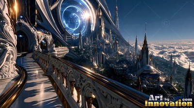 Curving past a city of spires, a white cut stone balcony gazes down on pale clouds