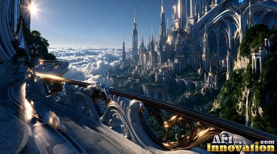 A carved balcony overlooking a white city above clouds