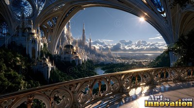 A carved stone railing on an open balcony gives a view of a white city under a blue sky