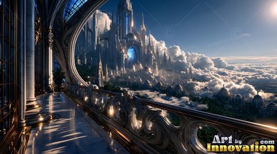 A marble balcony curves past tall towers rising into bright drifting white clouds above a blue sky