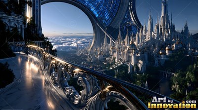 Curving along a high marble balcony that overlooks a city of white spires over top of clouds