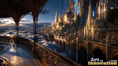 A cut stone balcony faces over a golden city of tall spires above white clouds