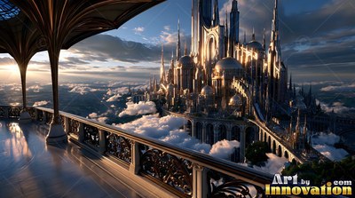 From a cut stone balcony, a golden palace of tall spires rises past the clouds at sunrise
