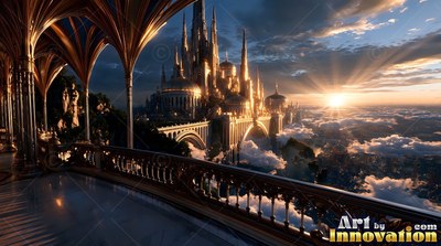 Overlooking golden spires above the clouds, a stone balcony catches the sunset light