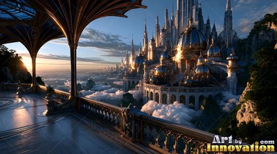 Carved stone balcony overlooking a palace above drifting white clouds during sunset