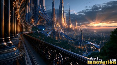 Tall stone pillars curve along a wide terrace overlooking spires at sunset