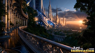 A curved carved stone balcony opens onto tall spires facing a bright sunset sky