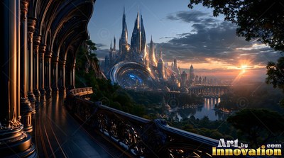 Viewed from a curved stone terrace overlooking tall city spires at sunset