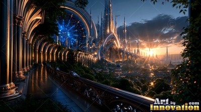 A curved cut stone balcony looks out over tall golden towers at sunset