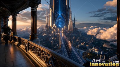 On a cut stone balcony above the clouds, a tall blue tower rises over a city highway