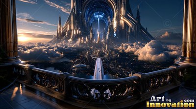 Carved stone balcony overlooking a sci-fi city under clouds during sunset