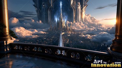 Carved cutouts detail the dark balcony railing overlooking a golden city rising above pale clouds