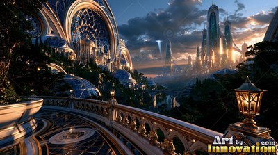 A carved stone balcony faces out across a futuristic city under warm golden sunlight