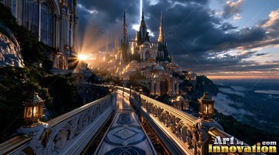 Facing down a long stone bridge toward a golden palace above the clouds