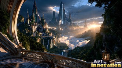 A curved carved stone balcony directs the view out over a fantasy city of tall spires at sunrise