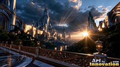 On a wide carved stone balcony, towers of a golden city rise at sunset
