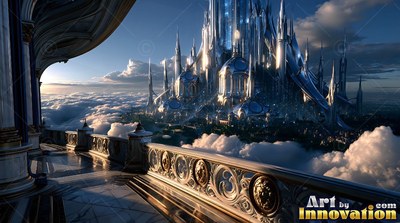 Overlooking silver spires above the clouds, a stone balcony rests in sunlight