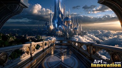 A stone balcony overlooking a palace of spires above clouds
