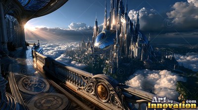 Patterned stone tiles on a high balcony overlooking a silver city above white clouds