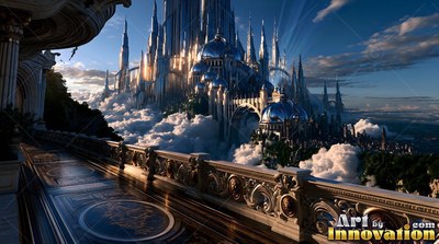 A stone balcony overlooks tall palace towers rising through clouds in the warm sunlight