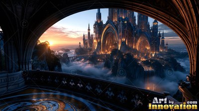 Viewed from an arched stone balcony at a lit cathedral above sunset clouds