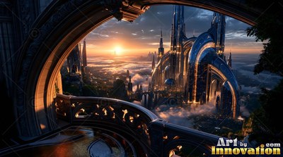 A curved cut stone balcony directs the view out over futuristic towers and clouds in the evening sun