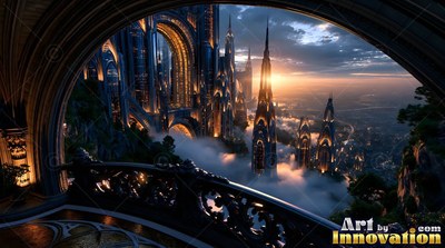 From an arched cut stone balcony, tall gold spires rise through clouds at sunrise