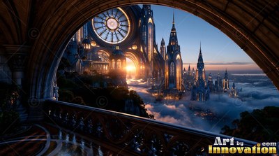 Looking out from a dark arch, a balcony opens to towers and cloud banks at sunset