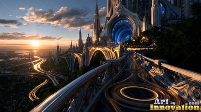 Stone bridge leading to city spires at sunset