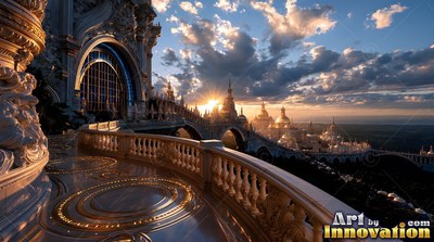 Carved circular patterns on a palace balcony looking over golden towers at sunset