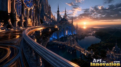 A stone balcony curves toward high palace towers under warm sunset light