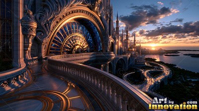 Curving wide from a palace balcony toward distant spires at sunset