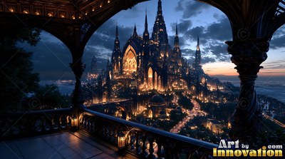 A stone balcony opens out on a lit cathedral city under an evening sky