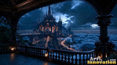 From a dark stone balcony, a gothic castle rises above night clouds
