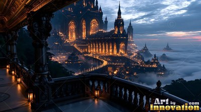 Looking out over clouds, a cut stone balcony faces warm city spires at dusk