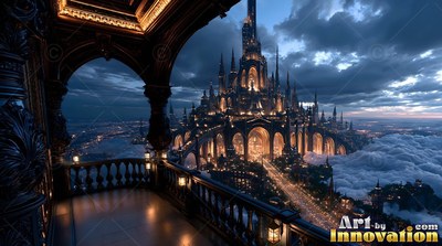 Dark cut stone balcony looking out on a lit palace above clouds