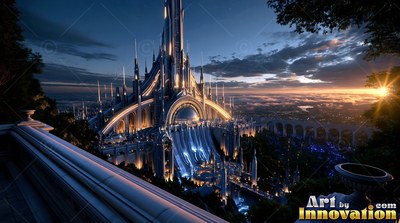Tall spires top a pale castle overlooking a wide valley at sunset from a stone railing