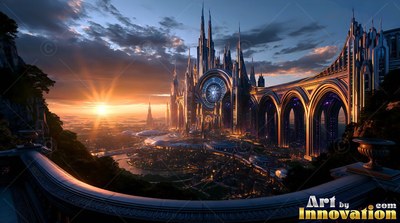 A stone balcony overlooks tall spires and arched bridges in warm orange sunset light