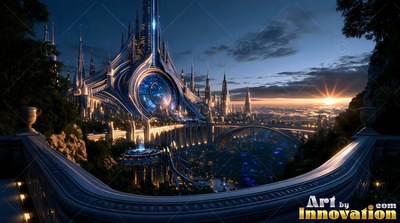Looking out from a curving stone balcony over a blue city at sunset
