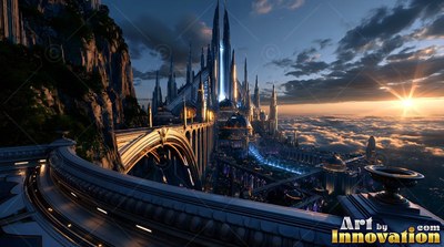 A curved carved stone balcony directs the view down on tall castle spires at sunrise above the clouds