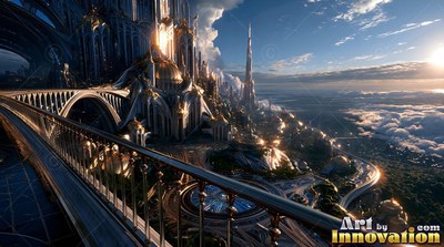 On a high curved balcony, a golden city stretches above fluffy bright white clouds