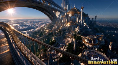 A curved balcony overlooking a gold palace past the clouds under sunlight