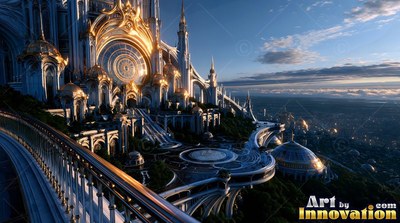 Curved silver railings line a white palace high over top of clouds and distant roofs