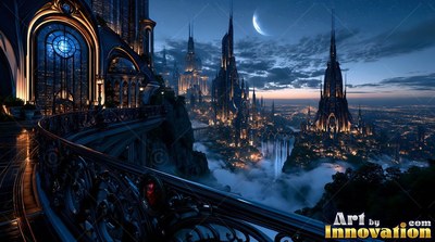 A curved balcony curves over a city of dark spires under a pale crescent moon